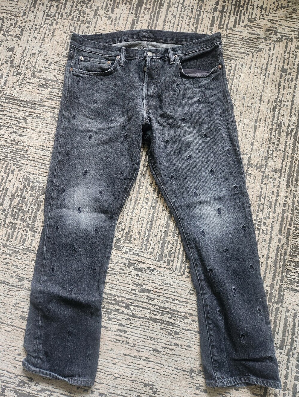 Polo Ralph Lauren Black Distressed Straight Jeans Rare Design, Size 36 ×30